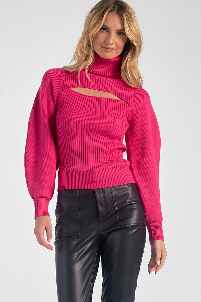 Elan Fuchsia Cut Out Turtleneck Sweater