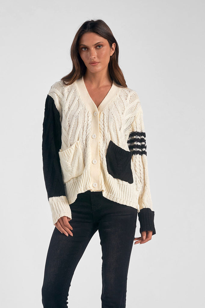 Elan Black White Colorblock Cardigan Sweater