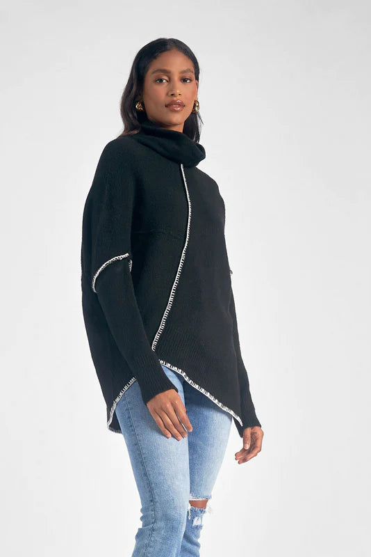Elan Black White Stitch Asymmetrical Turtleneck Sweater