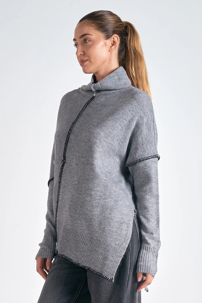 Grey Black Stitch Asymmetrical Turtleneck Sweater