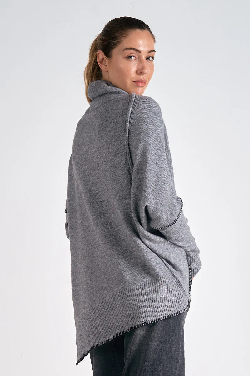 Grey Black Stitch Asymmetrical Turtleneck Sweater