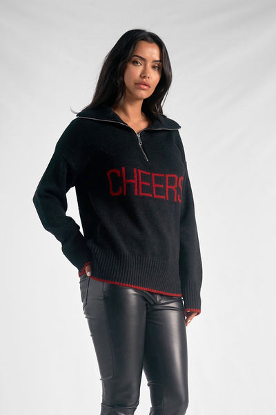 Elan Black Red "Cheers" Quarter Zip Sweater