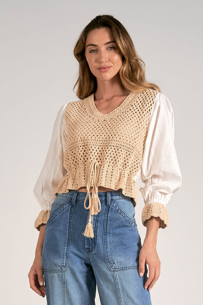 Elan White Tan Knit Mix Media Top