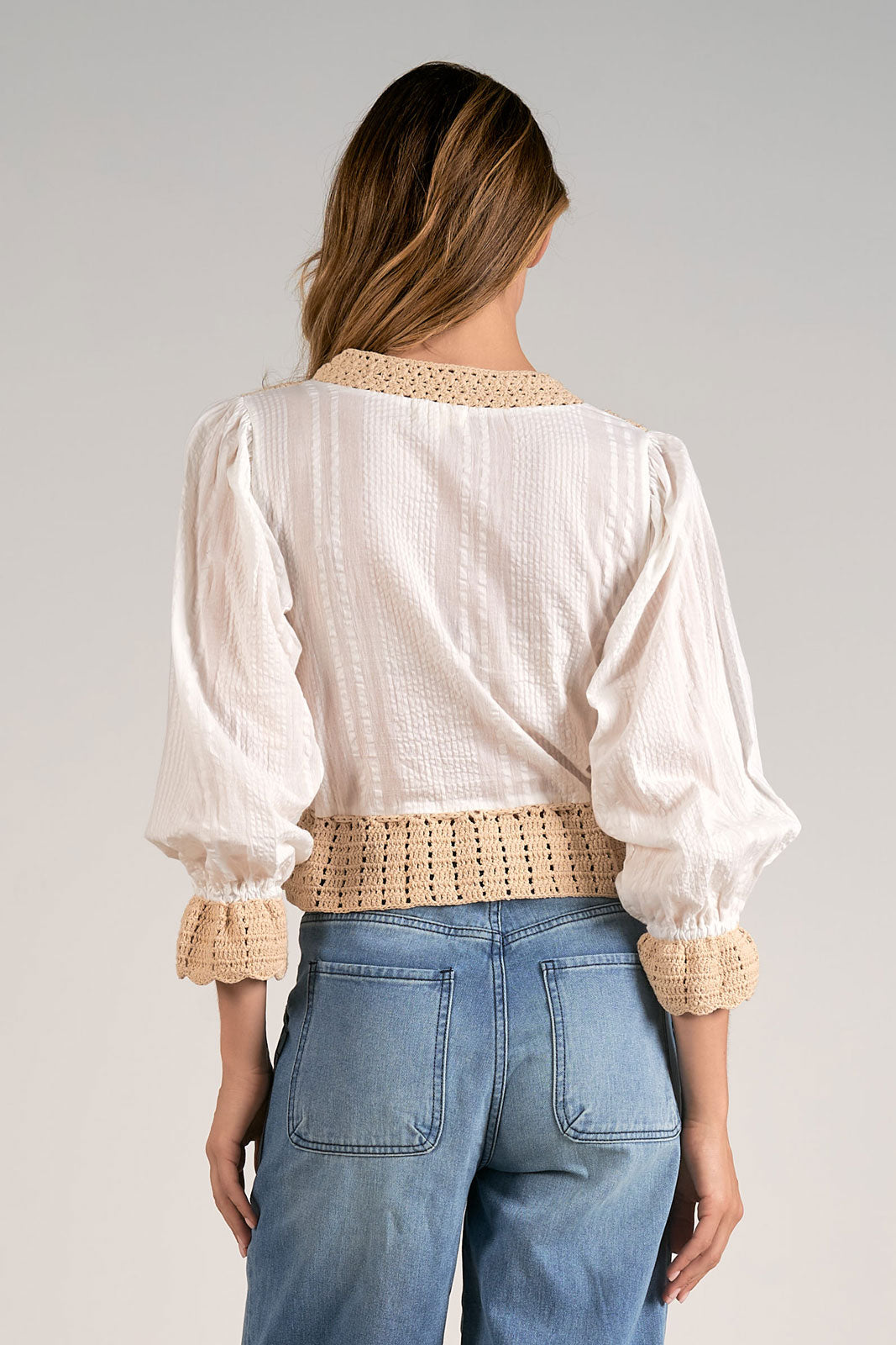 Elan White Tan Knit Mix Media Top