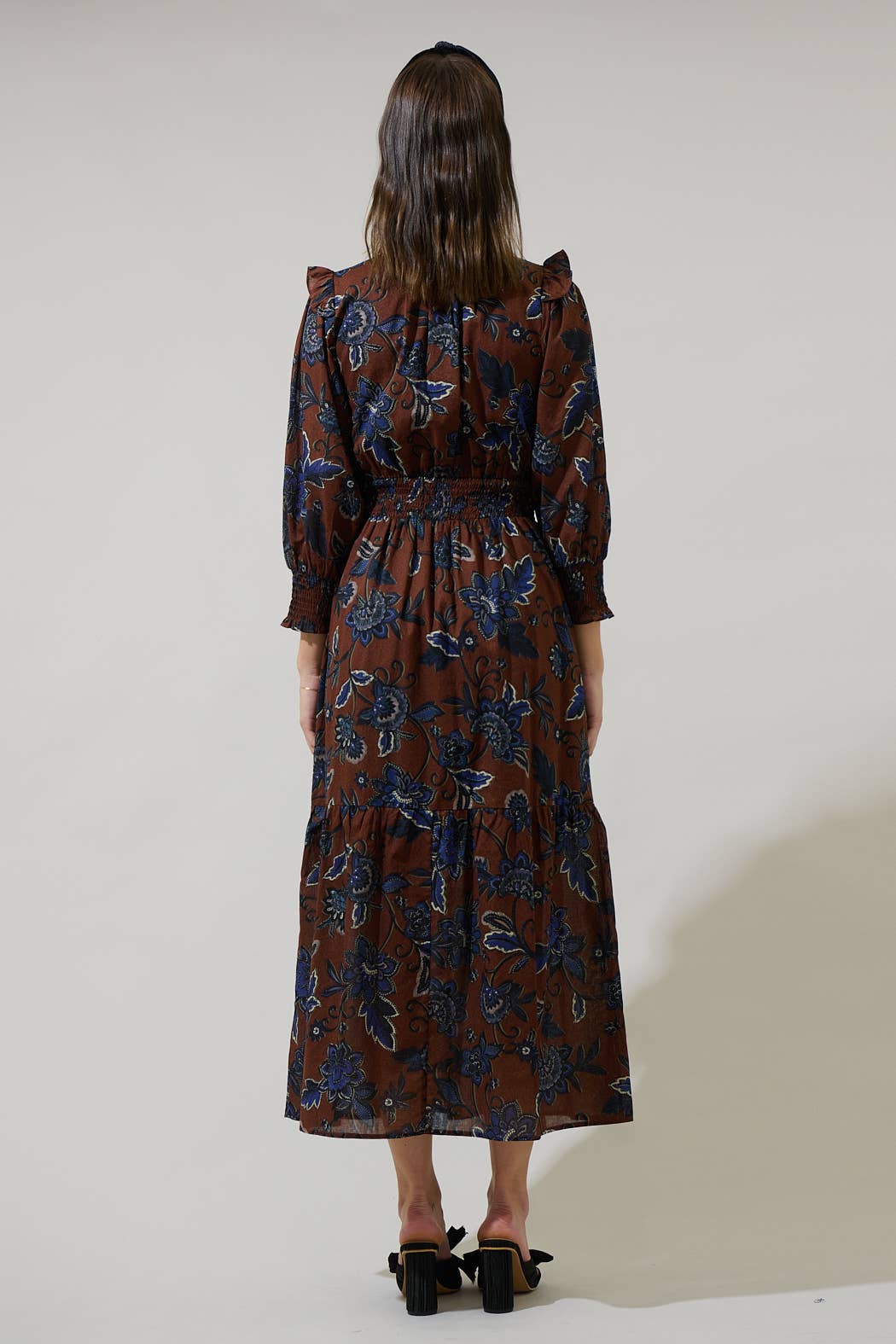 Brown and Blue Floral Long Sleeve Midi Dress