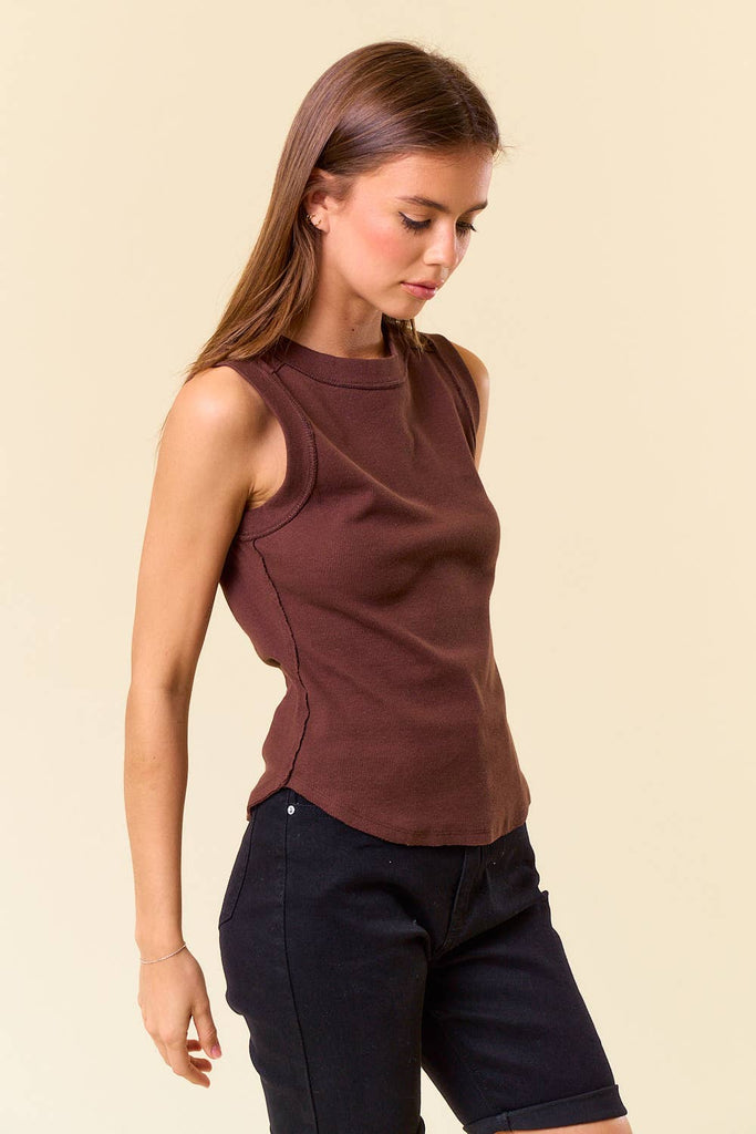 Cotton Ribbed Exposed Seam Tank with Round Hem