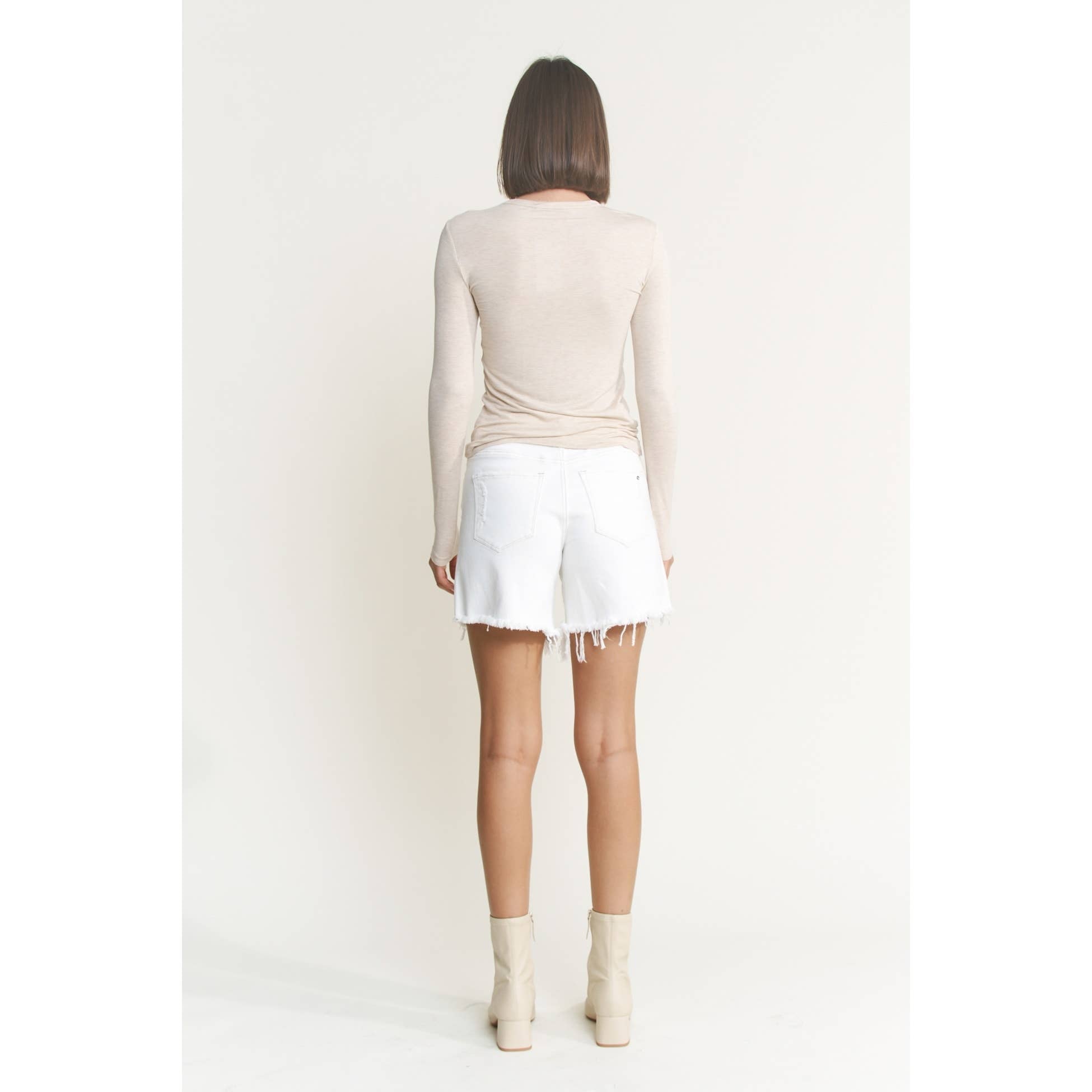 White Denim High Rise Raw Hem Shorts