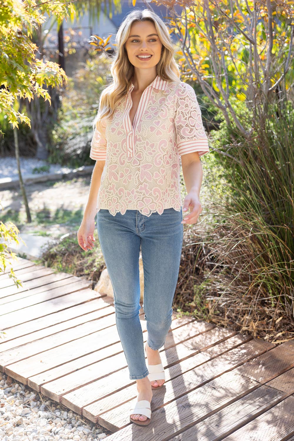 Collared V-Neck Stripe & Lace Mixed Fabric Top