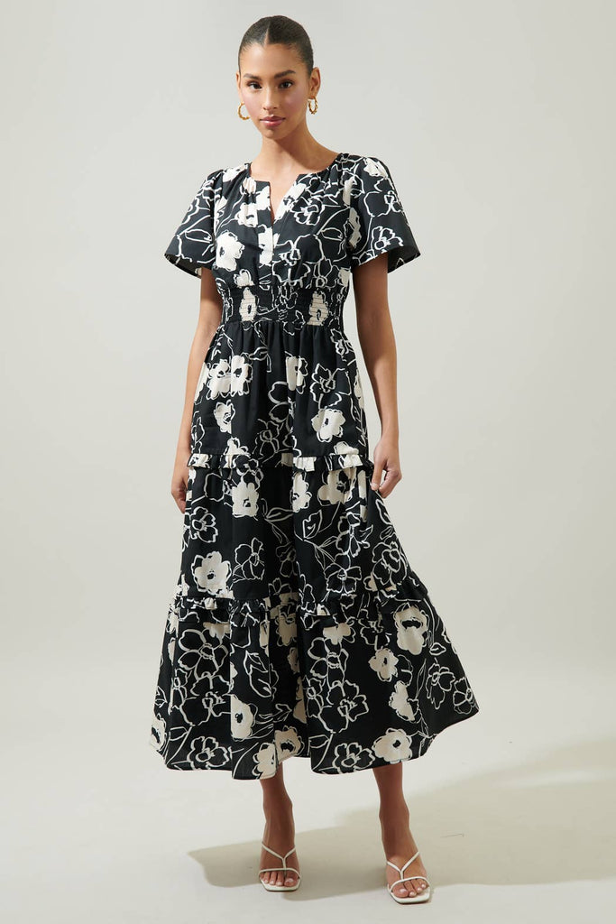 Black Cream Floral Poplin Tiered Maxi Dress