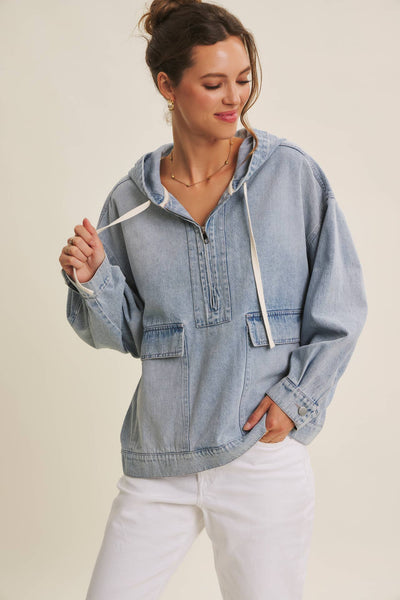 Light Mineral Washed Denim Hooded Pullover Jacket