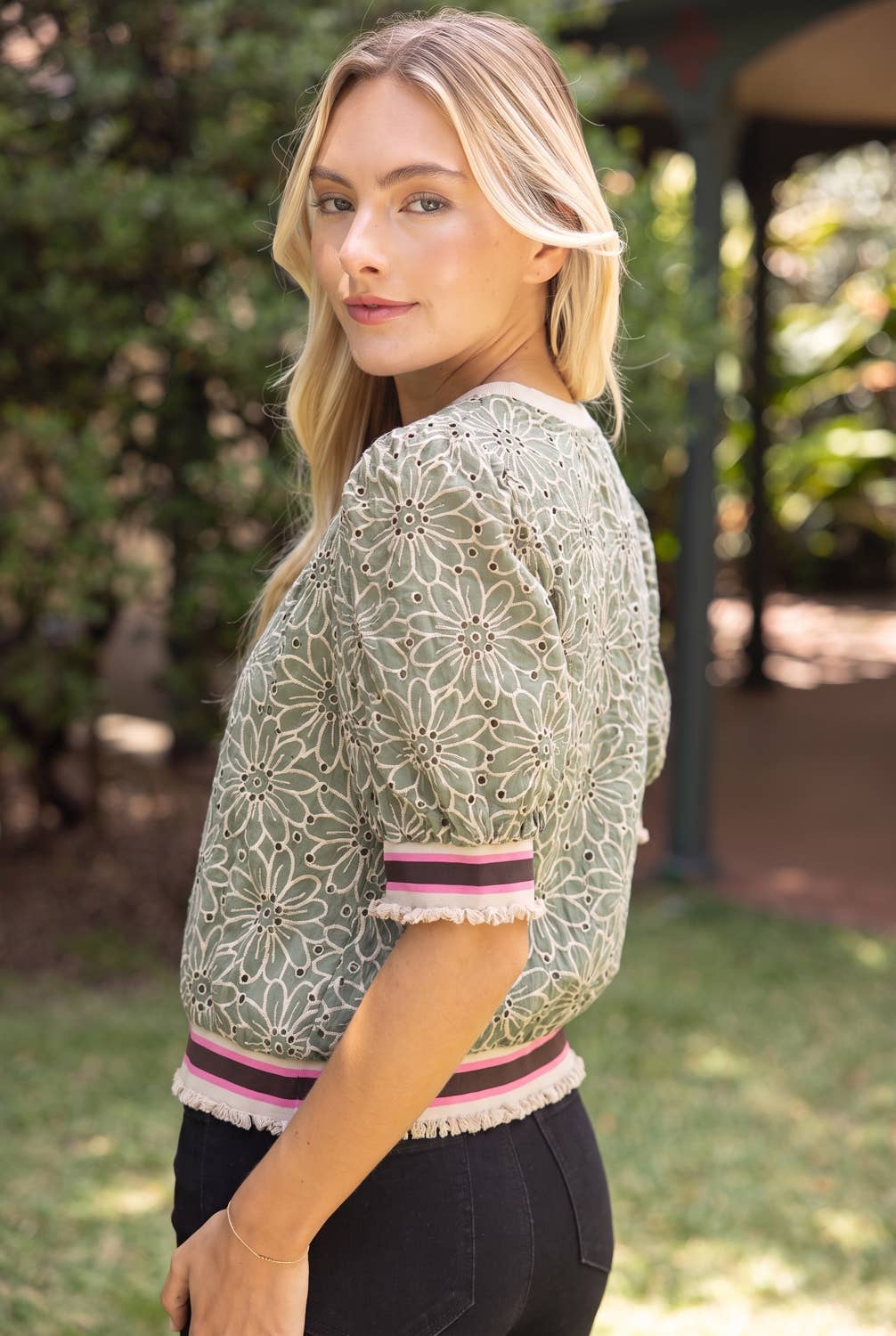 Floral Eyelet Top with Stripe Band Detail