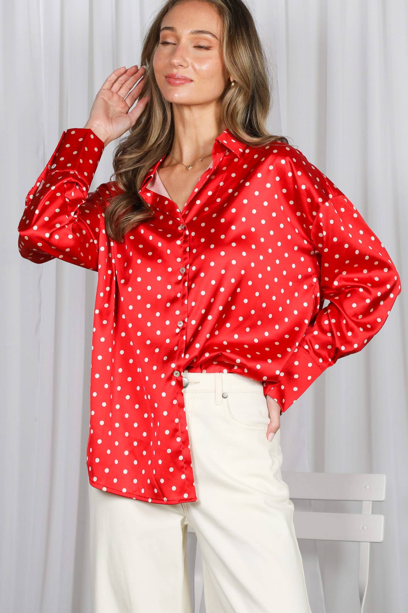 Polka Dot Long Sleeve Satin Top