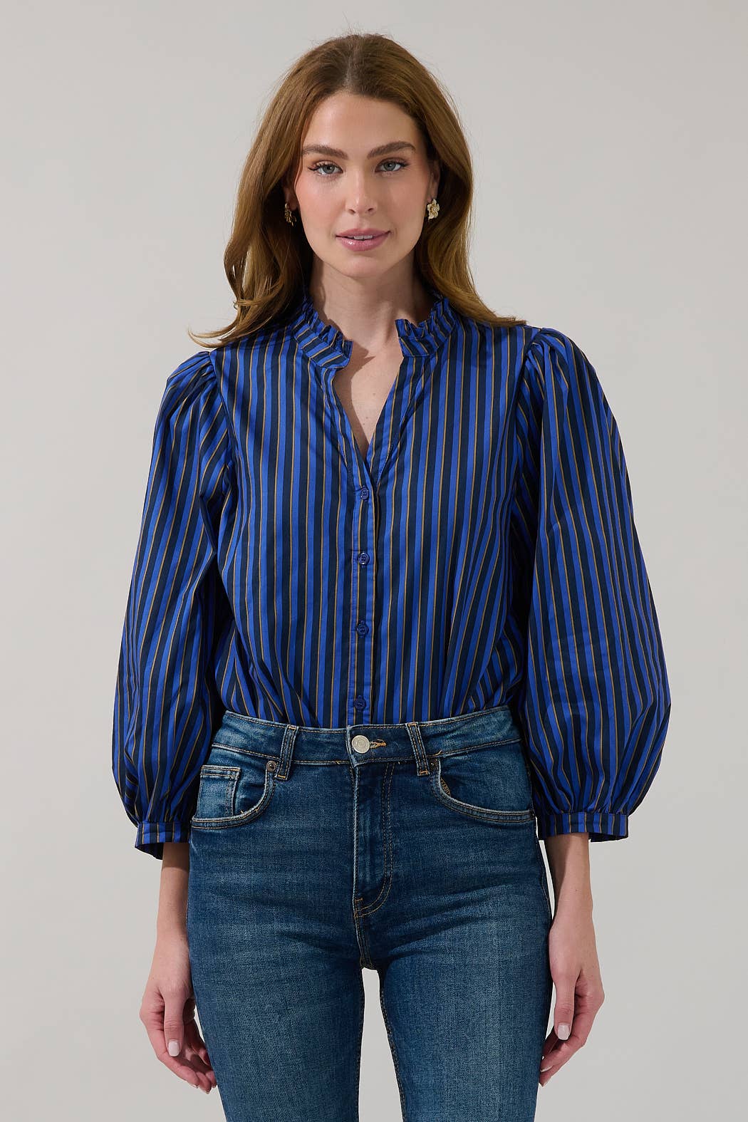 Navy Brown Striped Ruffle Button-Up Blouse