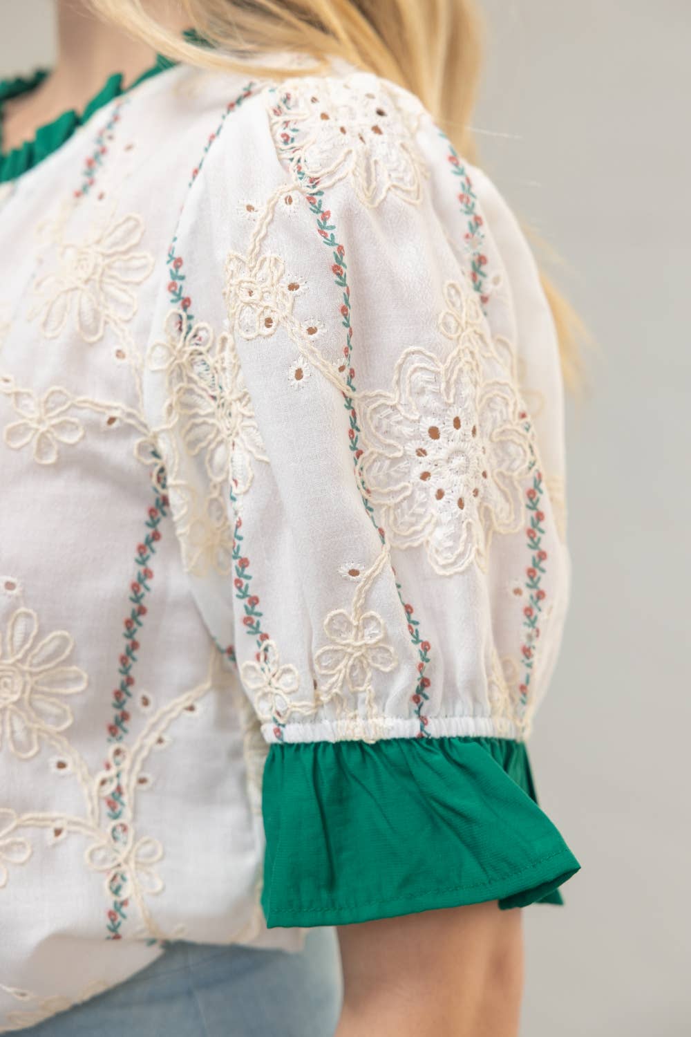 Ruffled Detail Floral Eyelet Embroidered Top