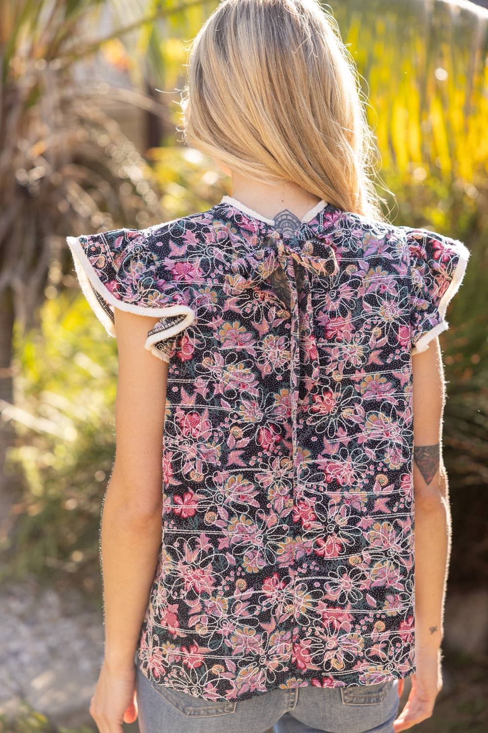 Black Floral Embroidered Back Tie Top
