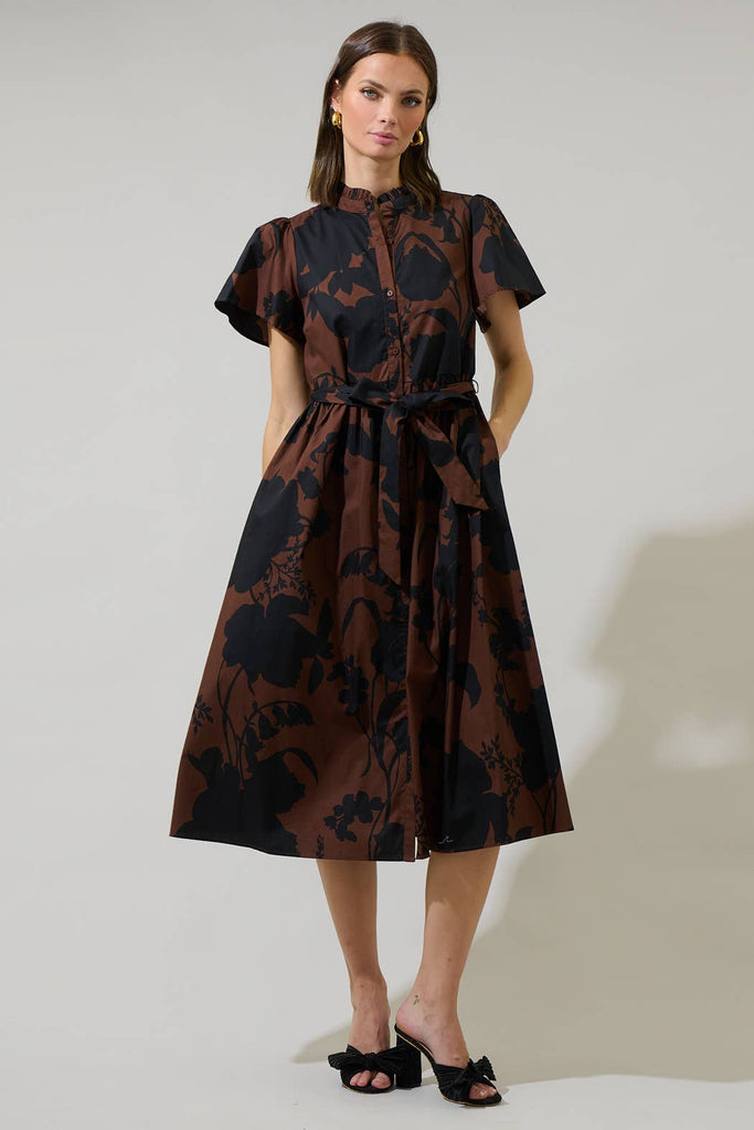 Black and Brown Floral Babydoll Midi Dress