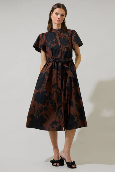 Black and Brown Floral Babydoll Midi Dress