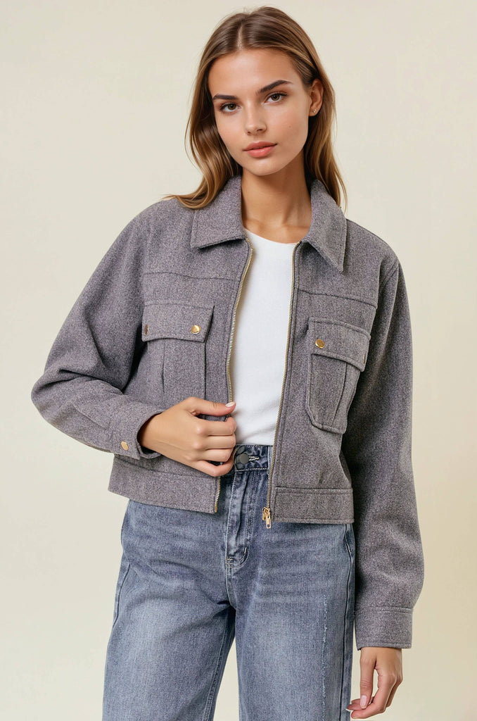 Charcoal Zip Front Utility Crop Jacket
