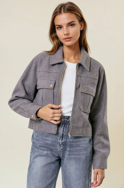 Charcoal Zip Front Utility Crop Jacket