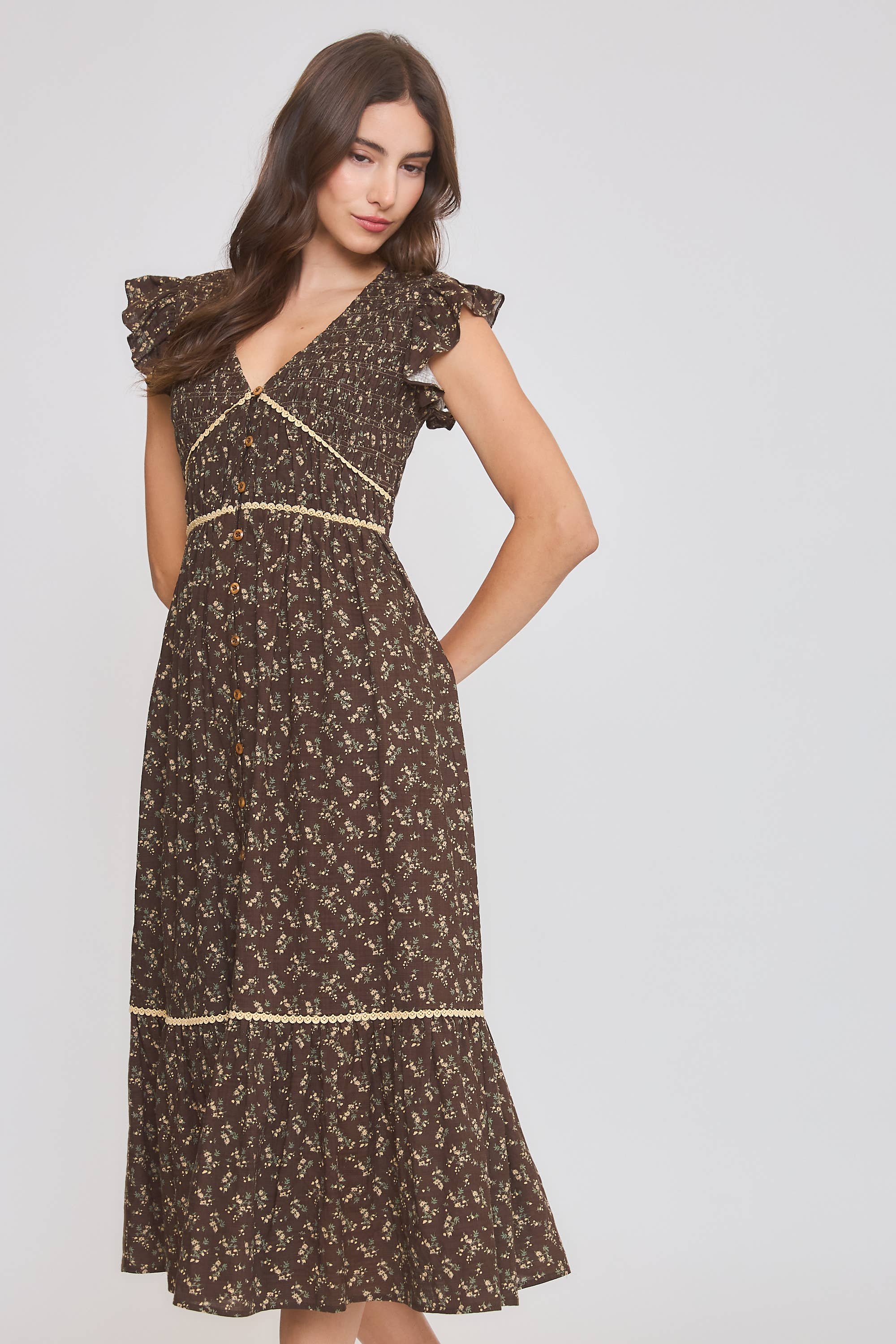 Floral Button-Front Ruffle Sleeves Midi Dress