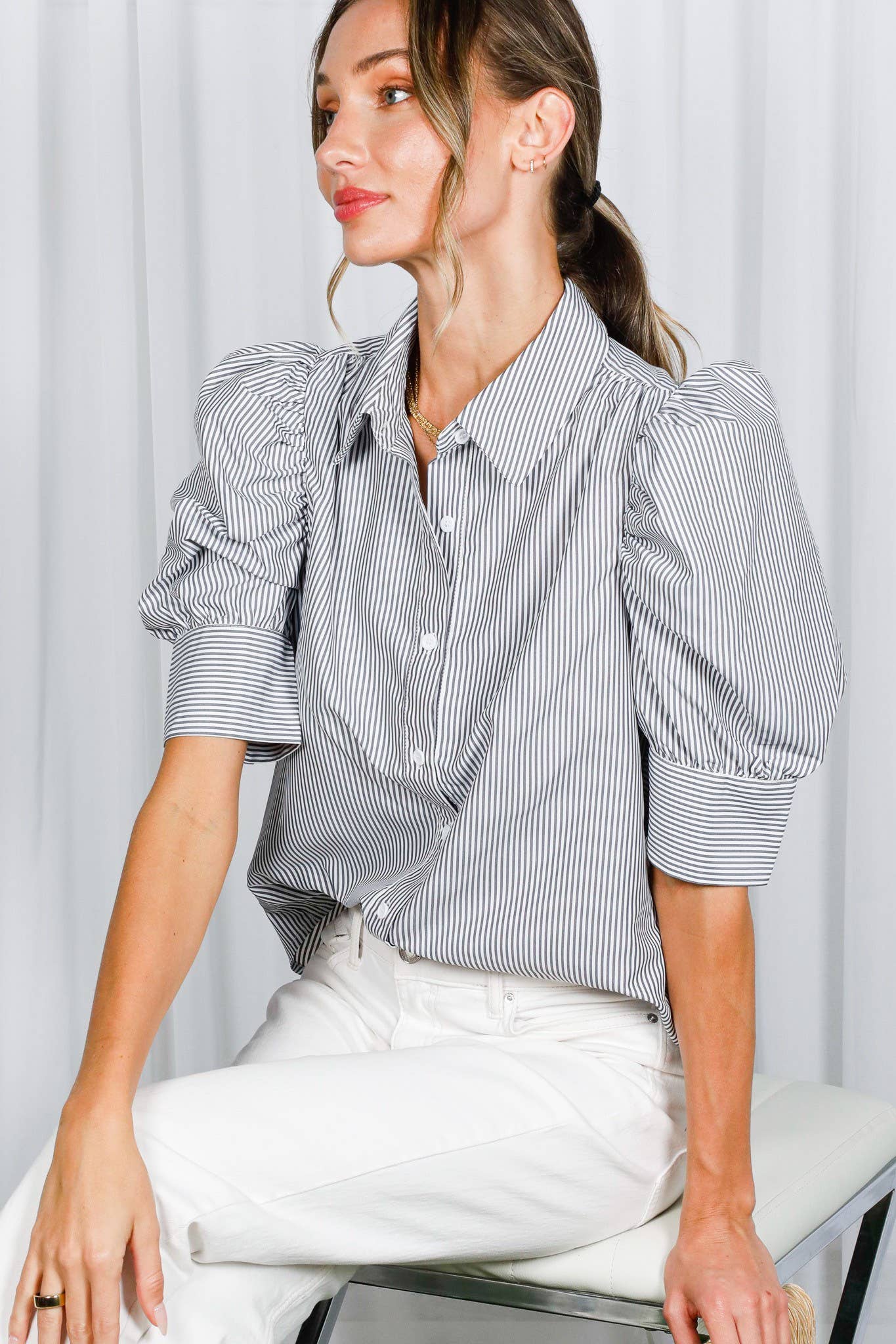 Red & White Stripe Puff Sleeve Blouse | Collared Button-Front Top