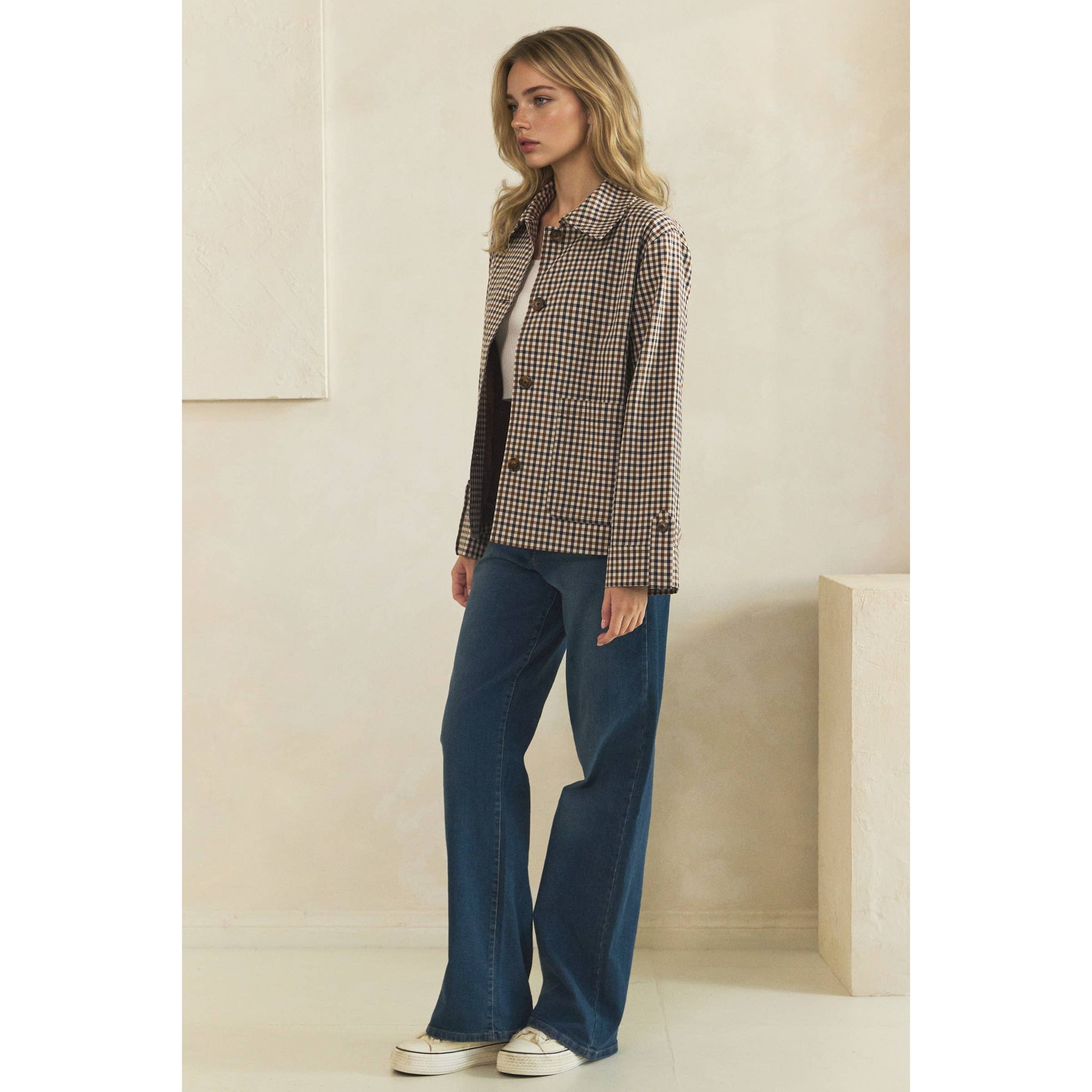 Navy Check Button-Front Jacket