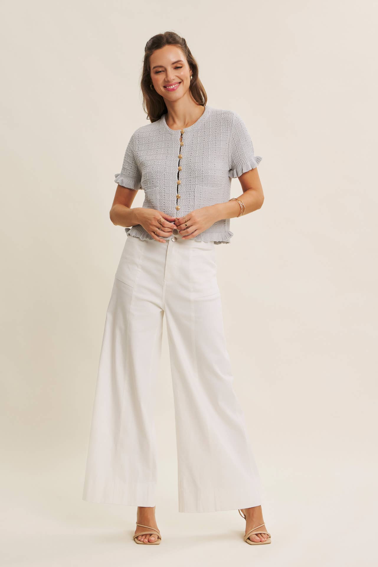 Off White Stretchy Wide Leg Ankle Length Pants