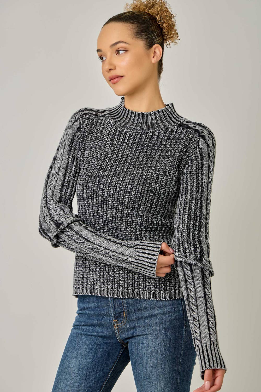 Washed Cable Knit Mock Neck Sweater