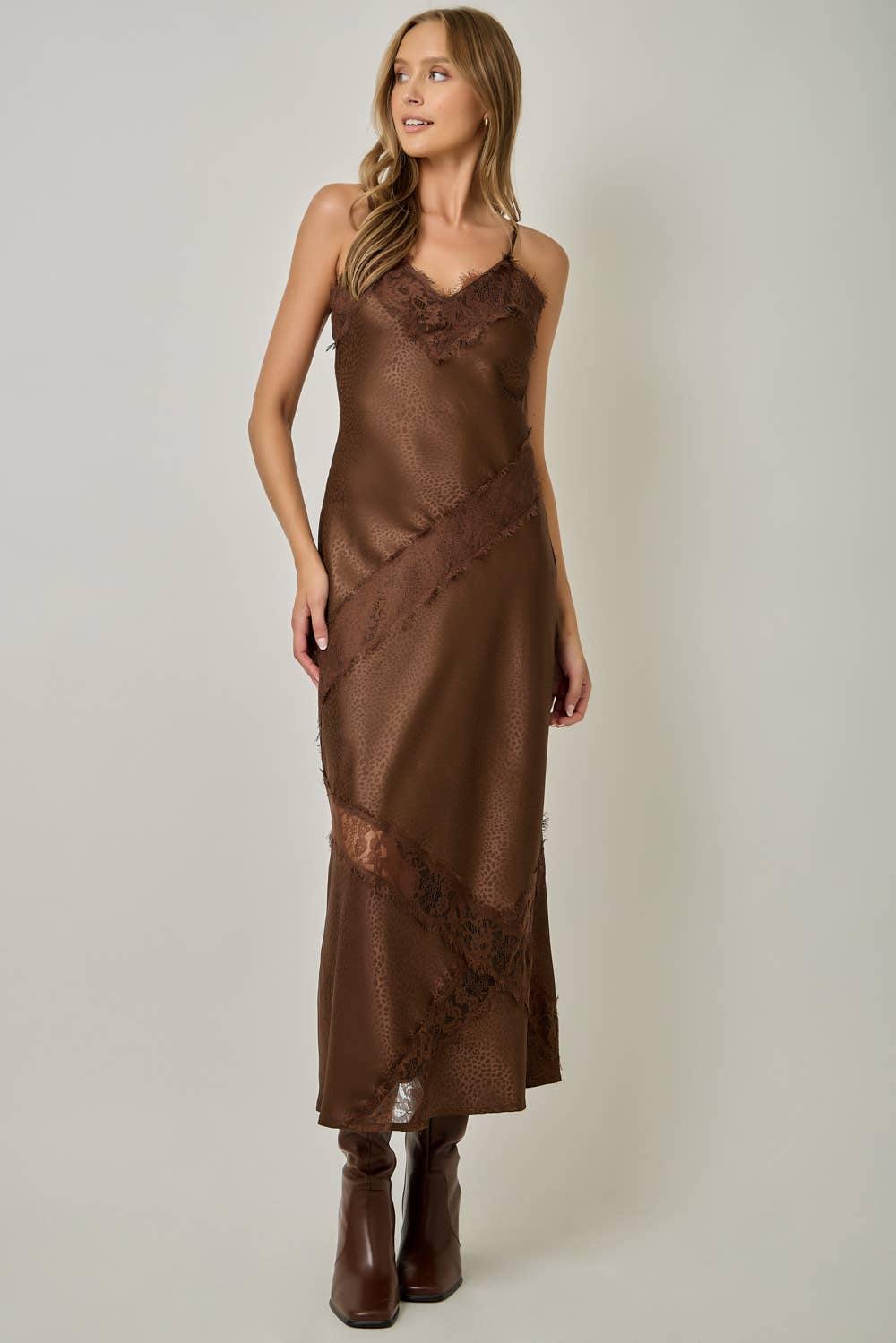 Brown Leopard Textured Satin Midi Slip Dress
