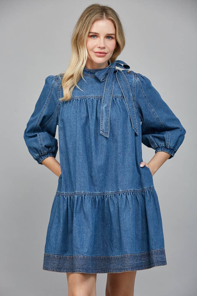 Contrasting Stitch Bow Tie Denim Dress