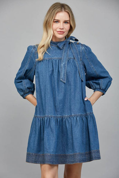 Denim dress with removable self tie showing front view