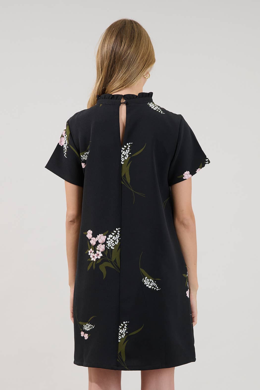 Black Floral Ruffle Neck Shift Mini Dress with Pockets