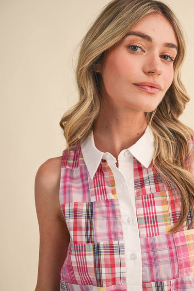 Plaid Patchwork Collared Mini Dress