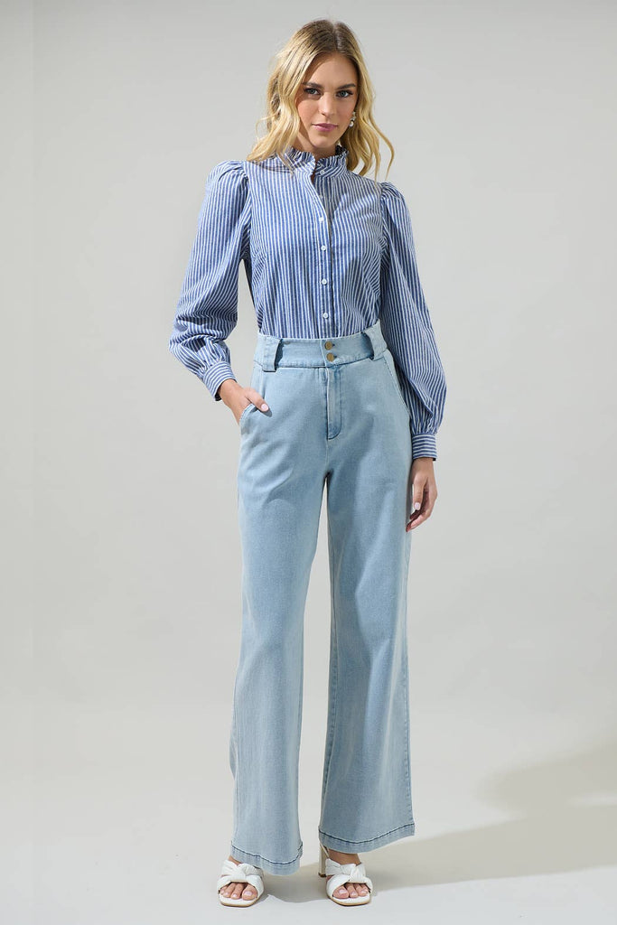 Blue White Striped Ruffle Button Down Shirt