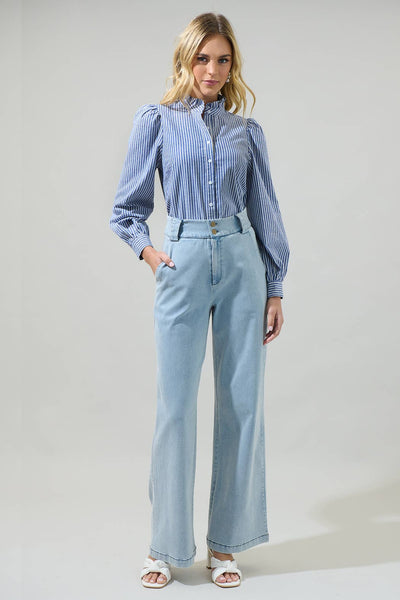 Blue White Striped Ruffle Button Down Shirt