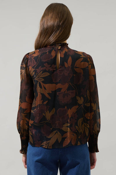 Brown Multi Floral Balloon Sleeve Top