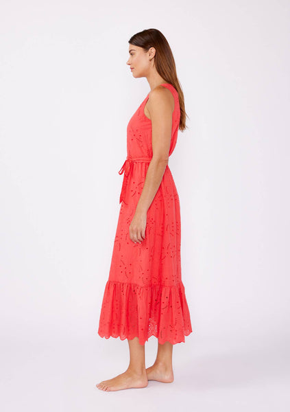 Coral V-Neck Eyelet Midi Dress with Waist Belt