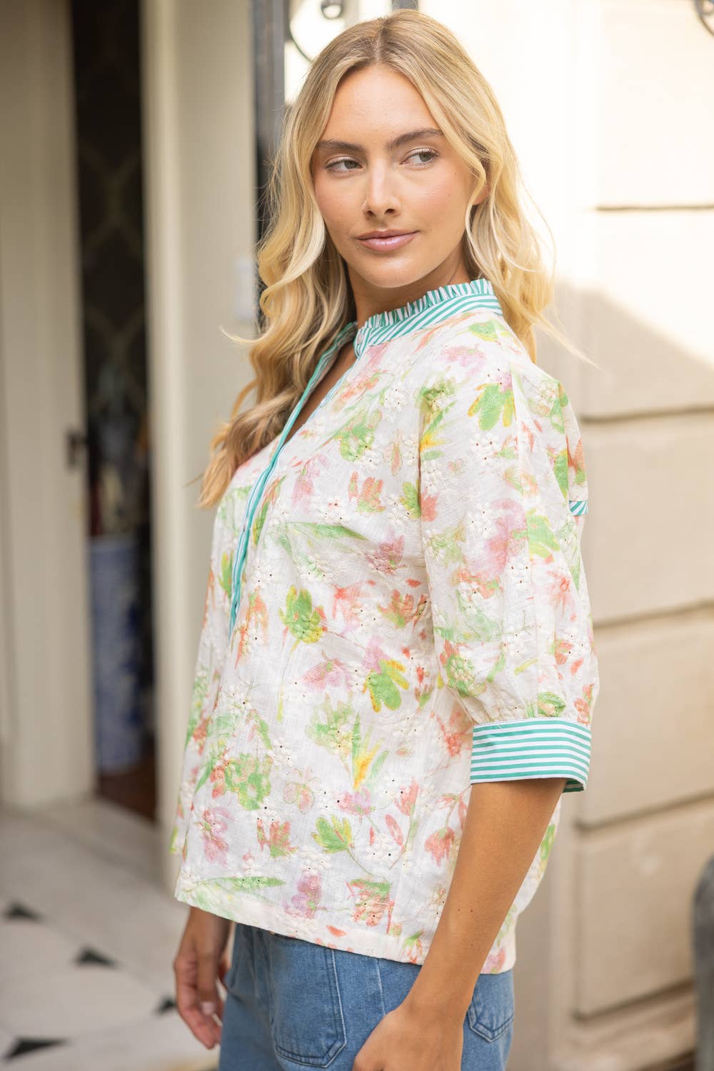 Green Floral Embroidered Stripe Contrast Button-Down Top