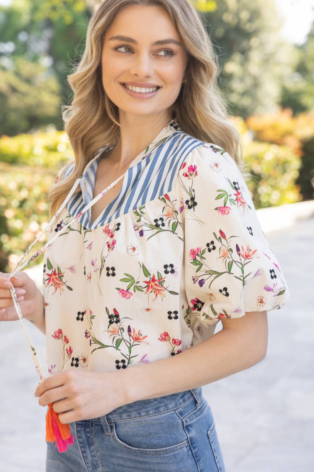 Floral And Stripe Mixed Tassle Front Top