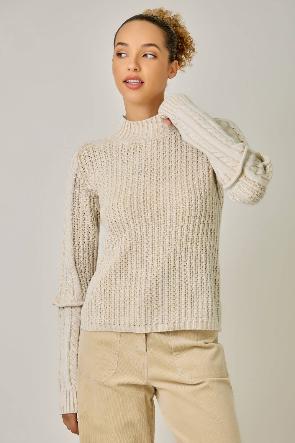 Washed Cable Knit Mock Neck Sweater