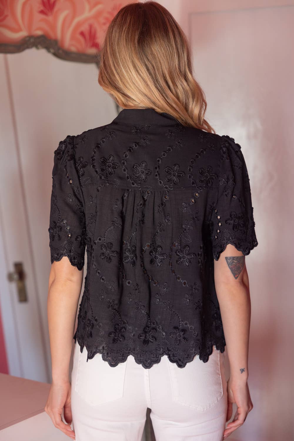 Self Tie Floral Eyelet Scallop Detailed Top