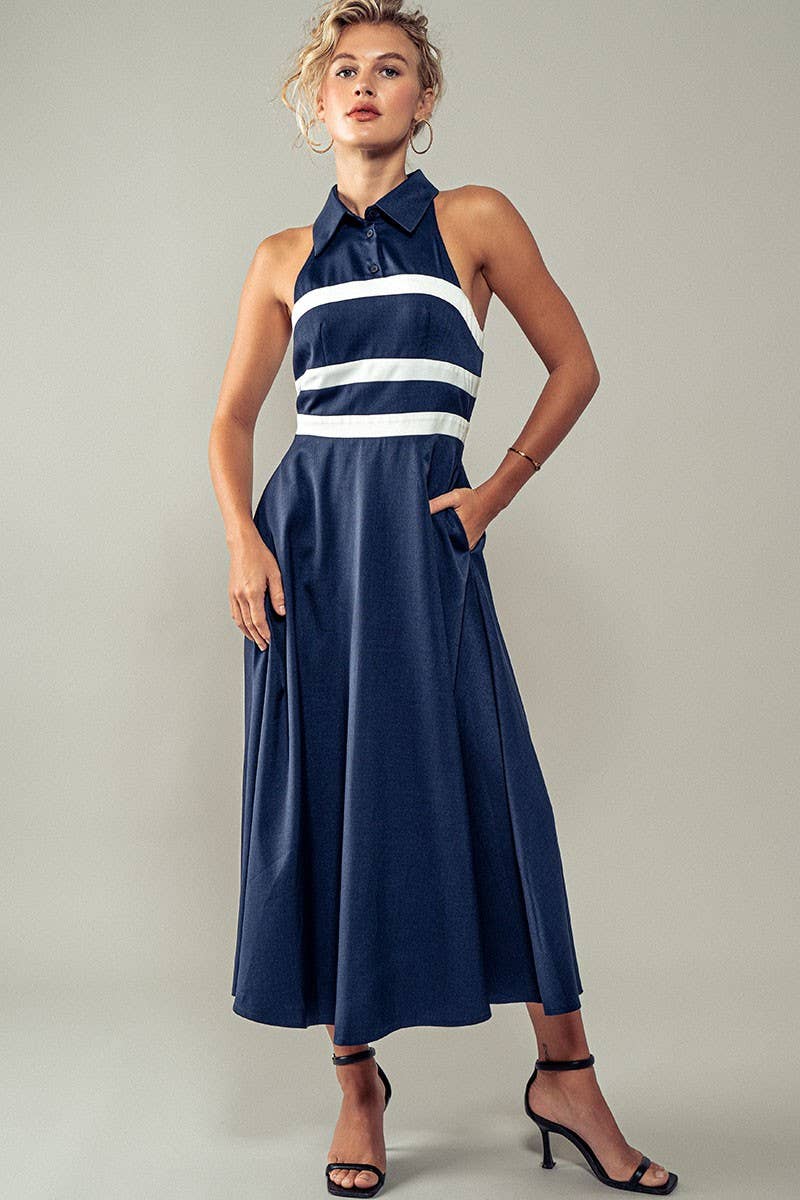 Striped Sleeveless Collared A-Line Midi Dress