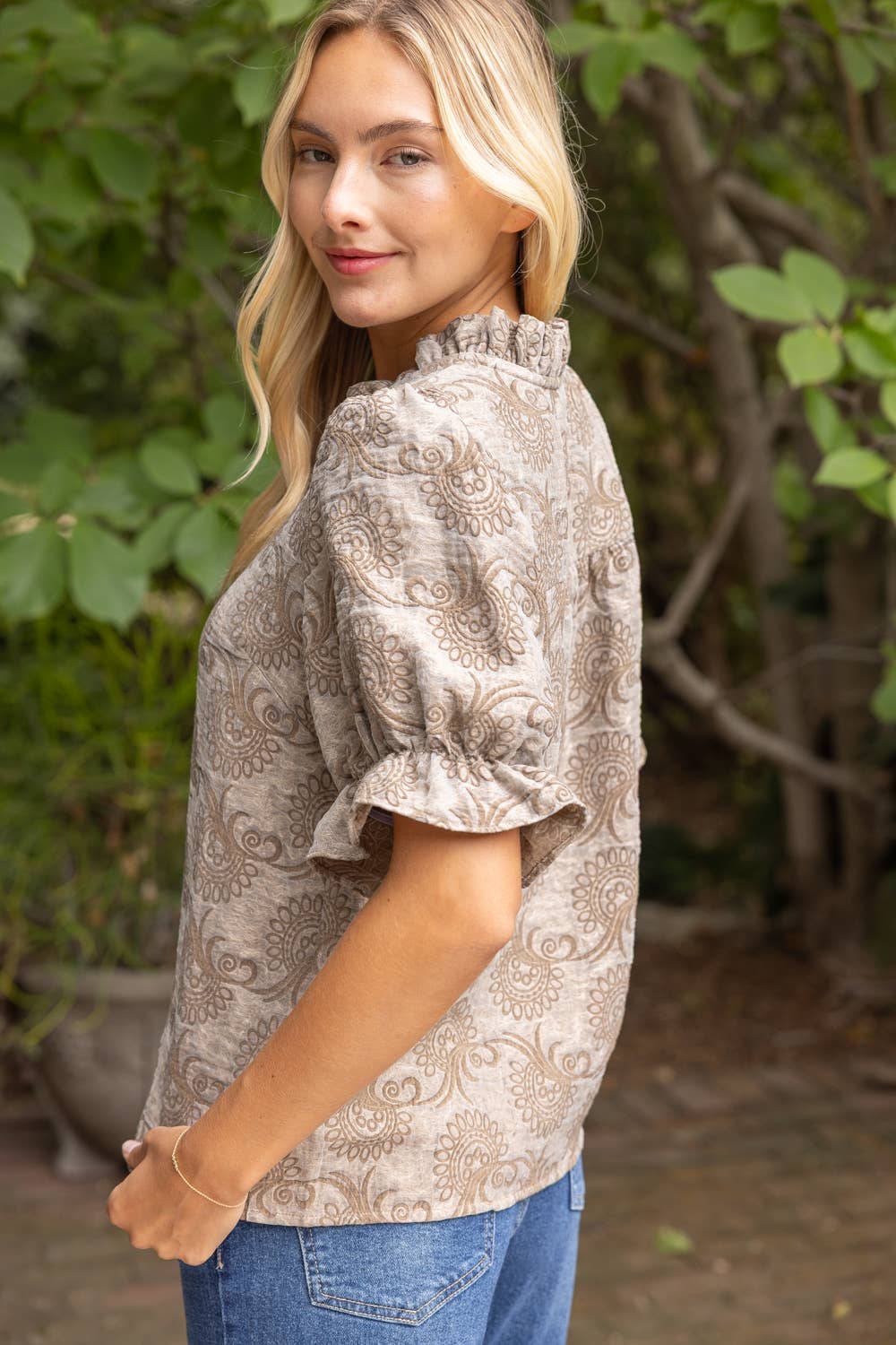 Ruffled V-Neck Jacquard Puff Sleeve Top