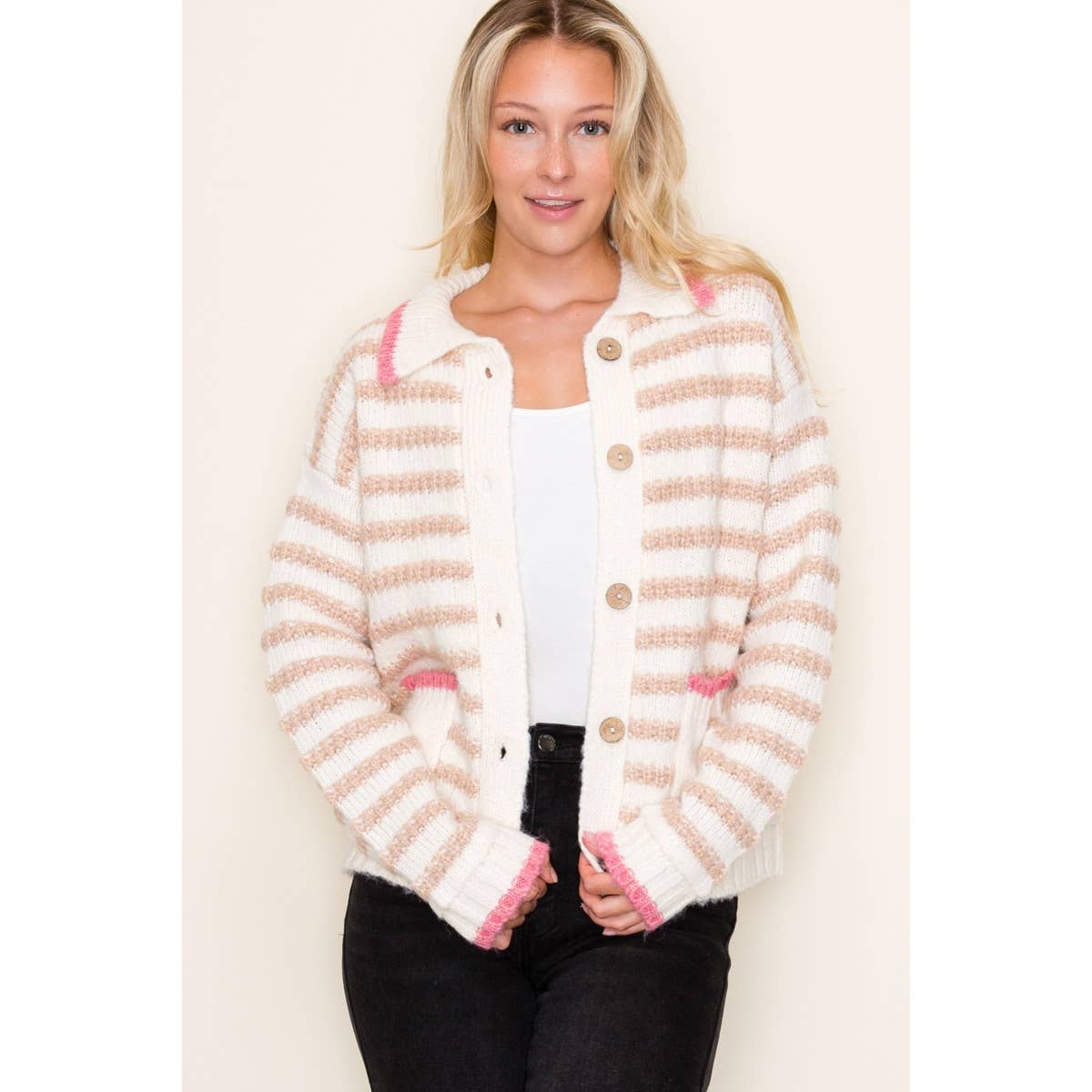 BUTTON DOWN STRIPED CARDIGAN