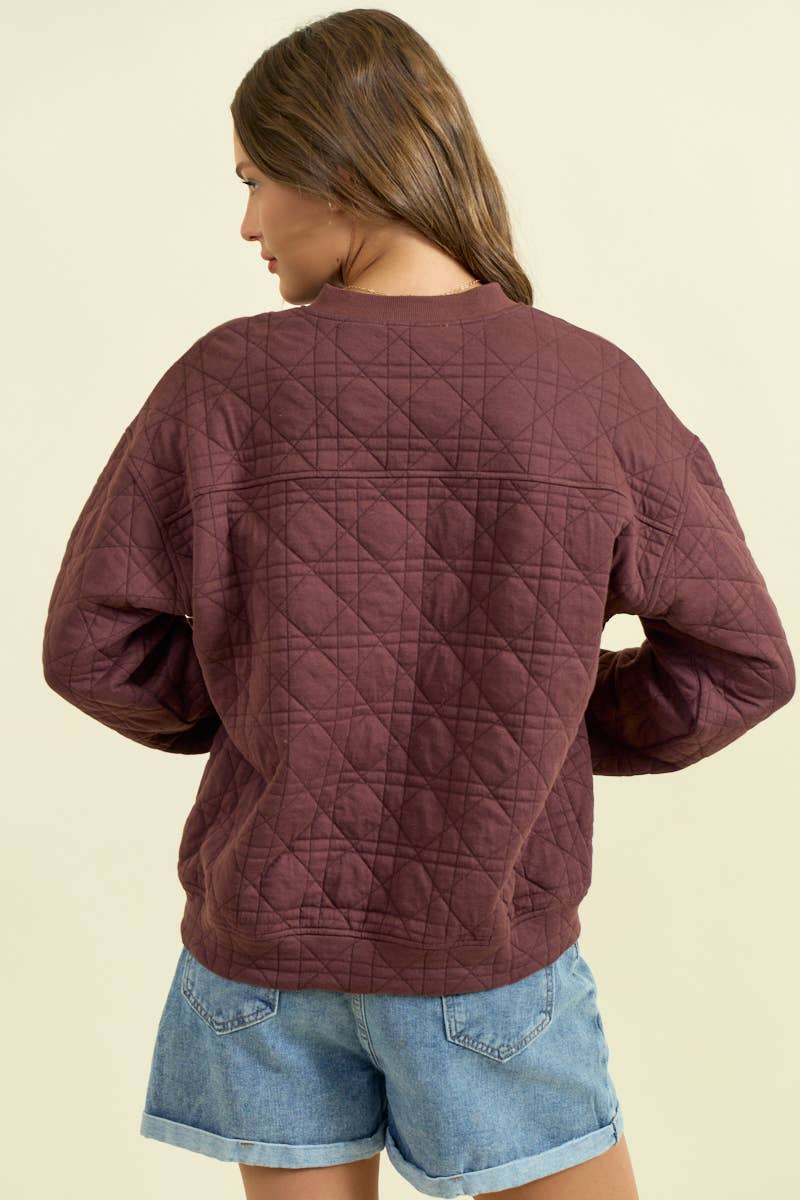 Brown Quilted Button Front Sweatshirt