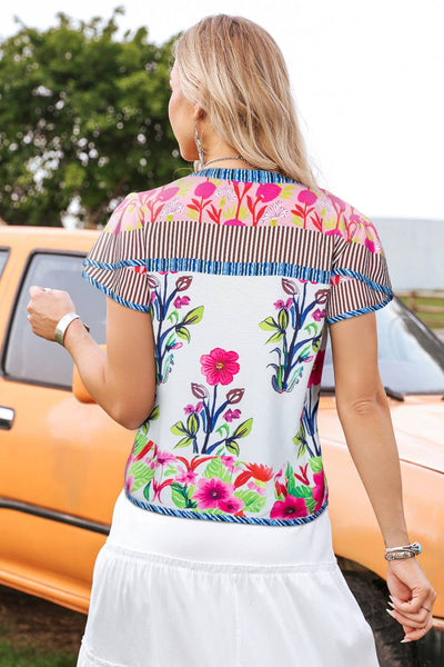 Floral Stripe Patchwork Short Sleeve Split Neck Blouse
