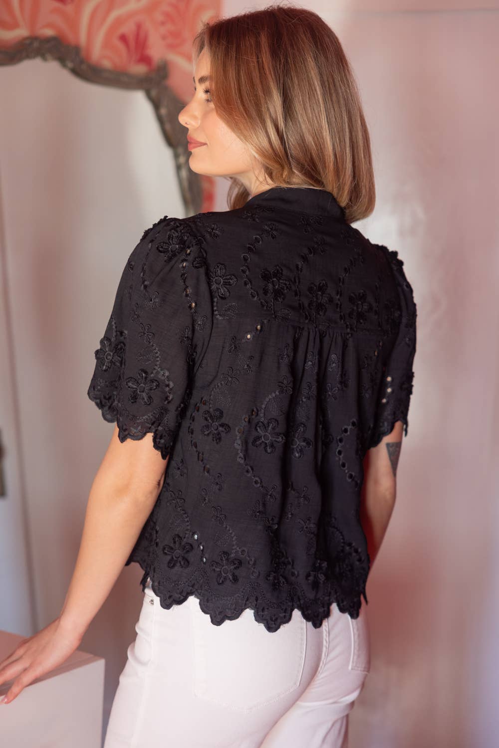 Self Tie Floral Eyelet Scallop Detailed Top