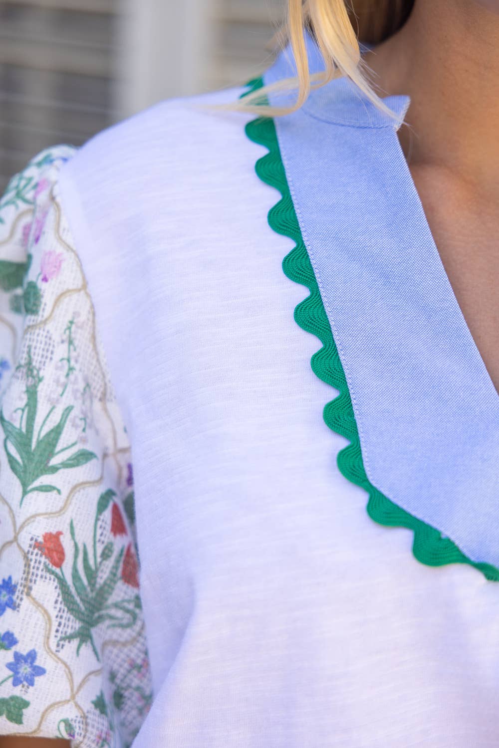 White Floral Bubble Sleeve Mixed-Media Knit Top