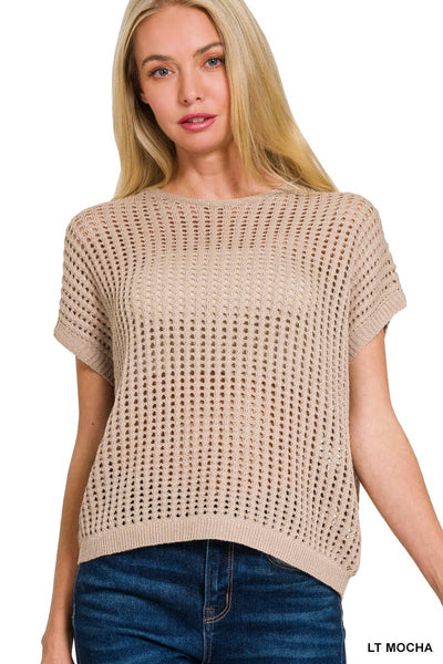 Mocha Lightweight Crochet Knit Hollow Sweater