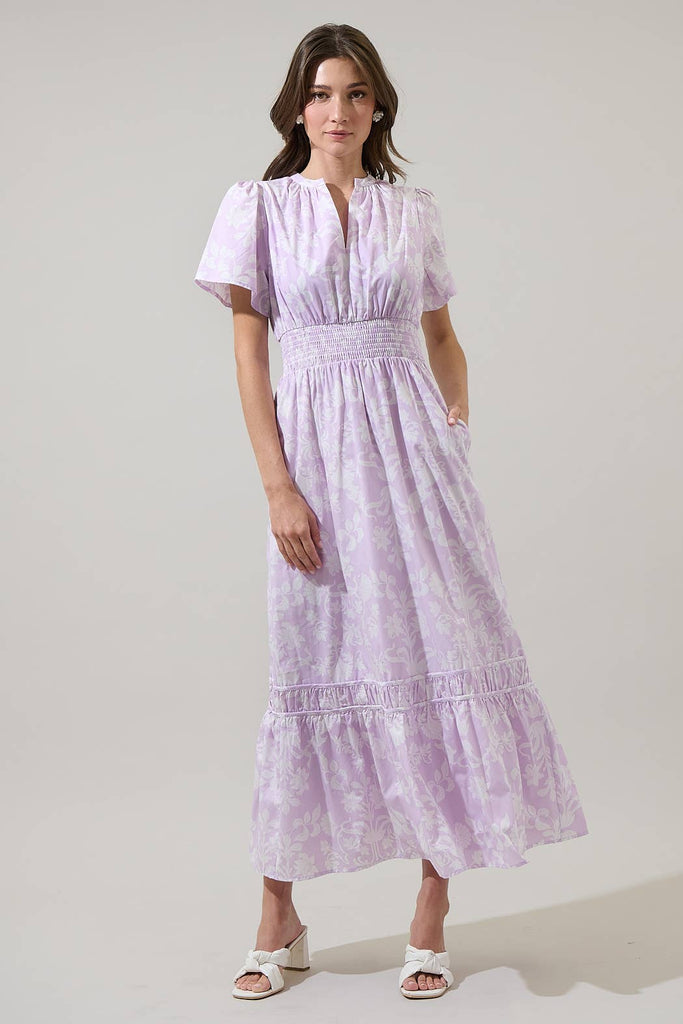 Lavender White Floral Smocked Maxi Dress